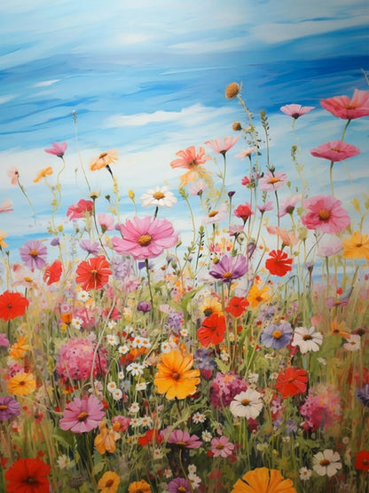 Colorful painting of a field of flowers with a blue sky.