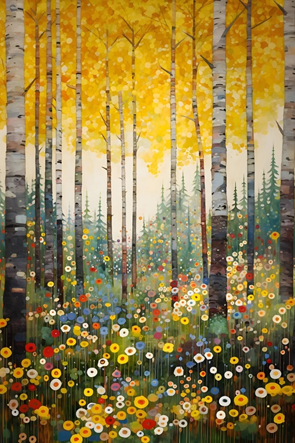 Colorful forest scene with trees and flowers