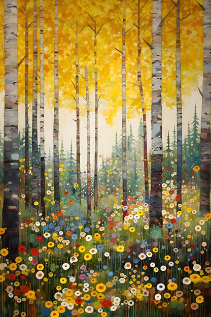 Colorful forest scene with trees and flowers