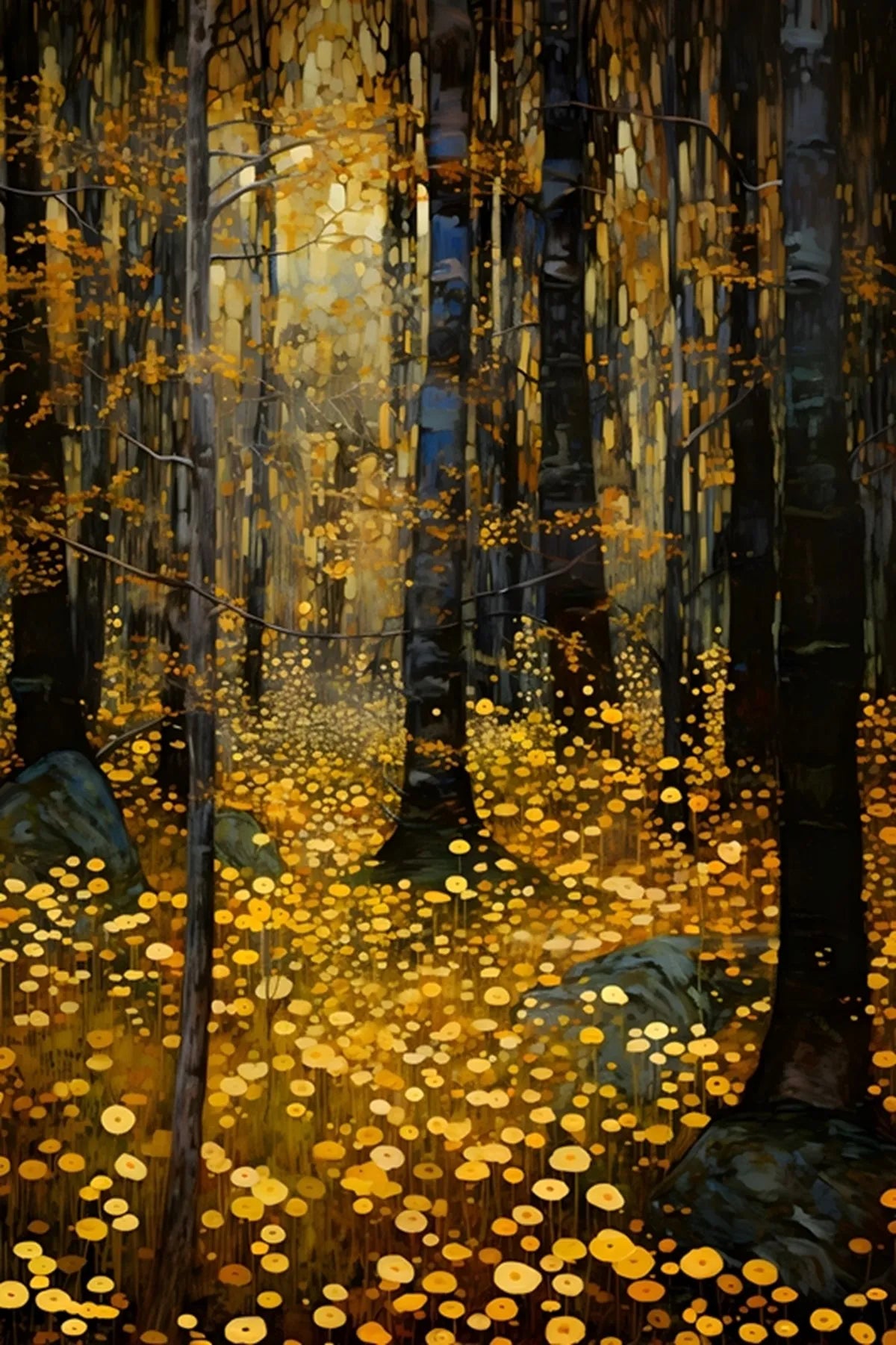 Forest scene with golden lights on a dark background