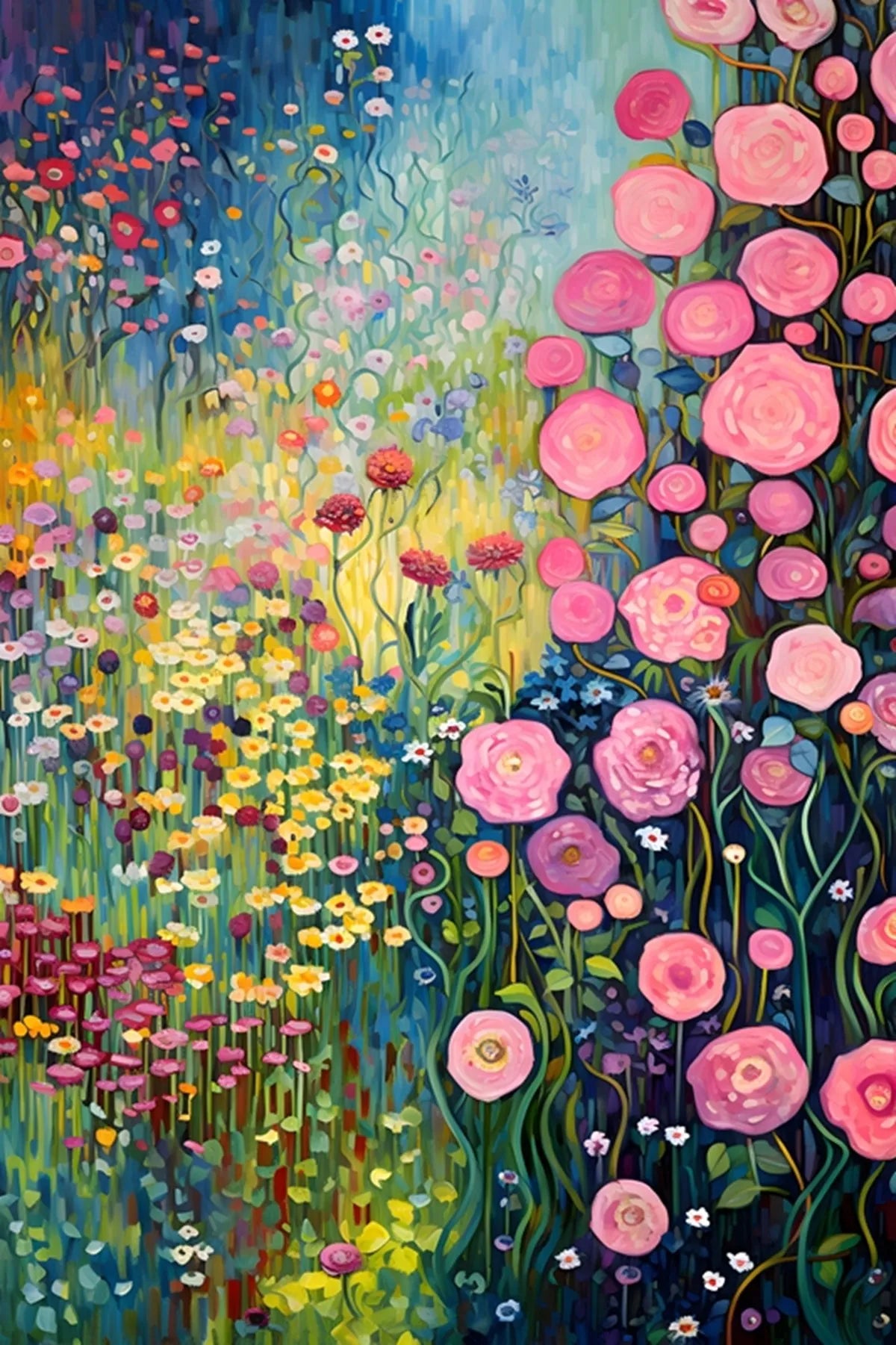 Colorful floral painting with pink and purple flowers on a blue background