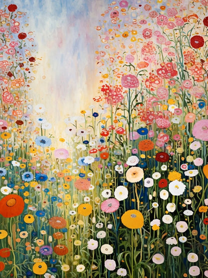 Colorful painting of a field of flowers with a soft focus background