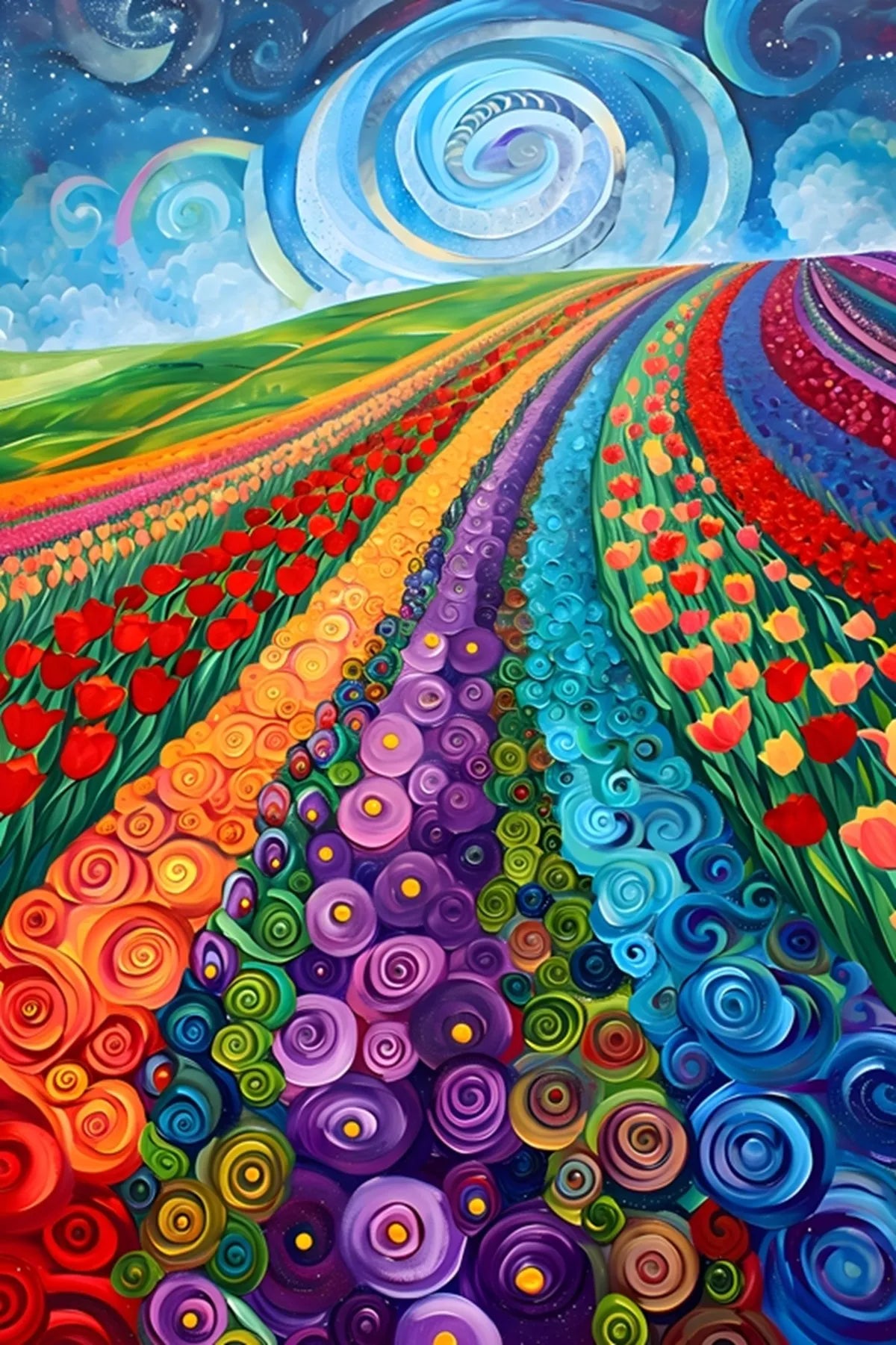 Colorful abstract landscape with swirling patterns and flowers