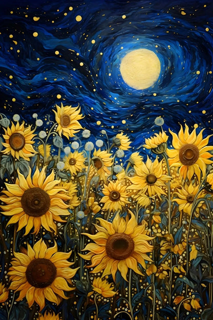 Artistic depiction of sunflowers under a starry night sky with a full moon.
