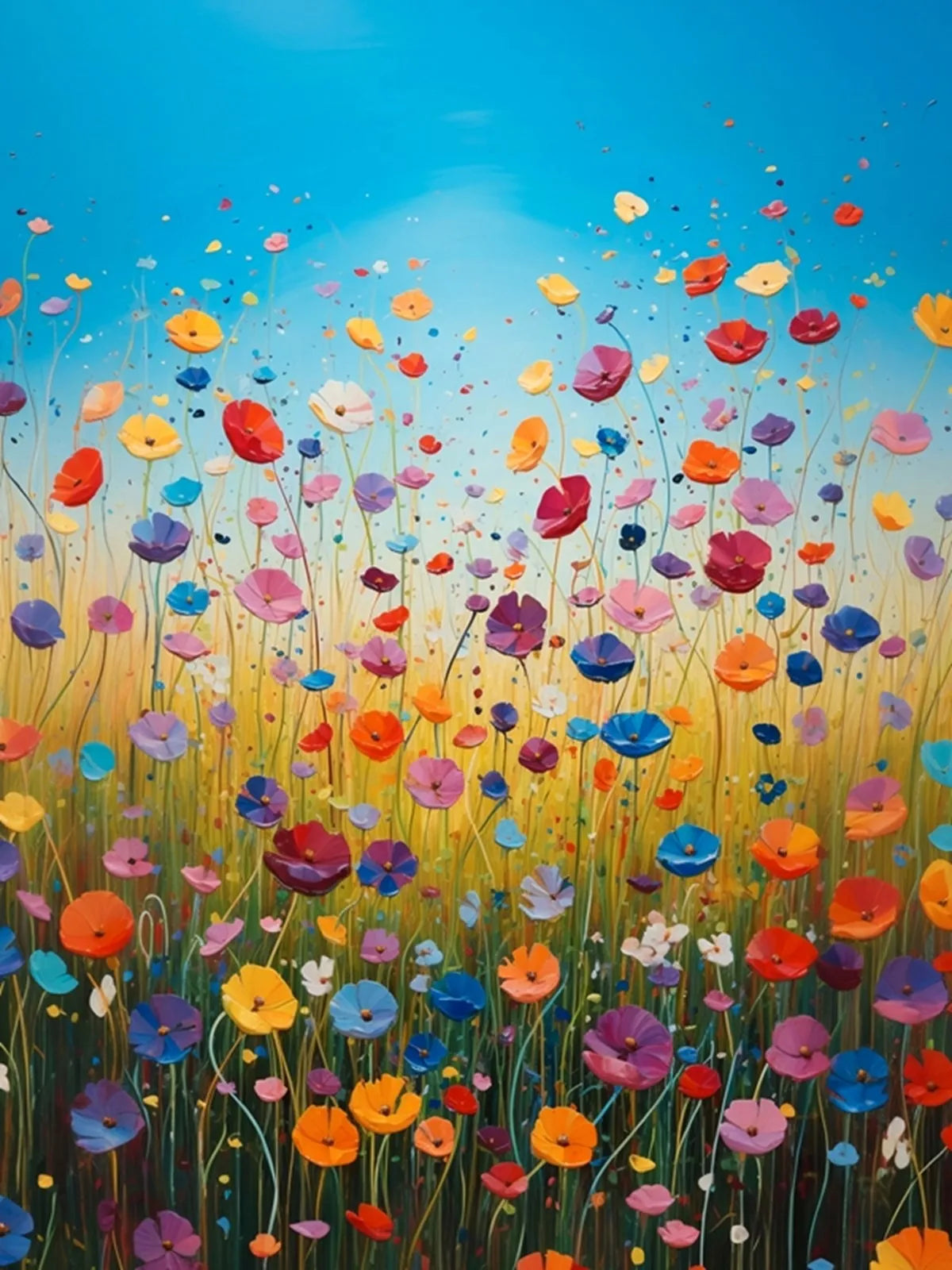 Colorful painting of a field of flowers with a blue sky.
