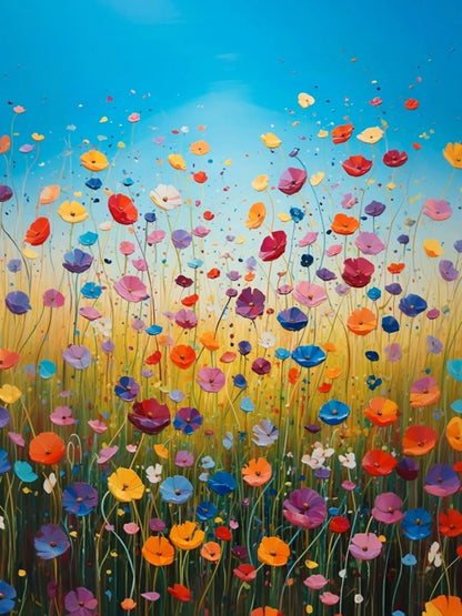 Colorful painting of a field of flowers with a blue sky.