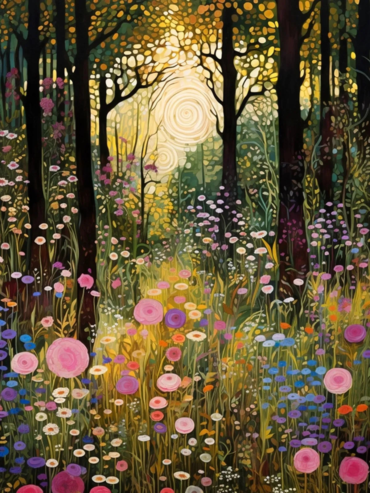 Colorful forest scene with flowers and trees, illuminated by a bright light source.