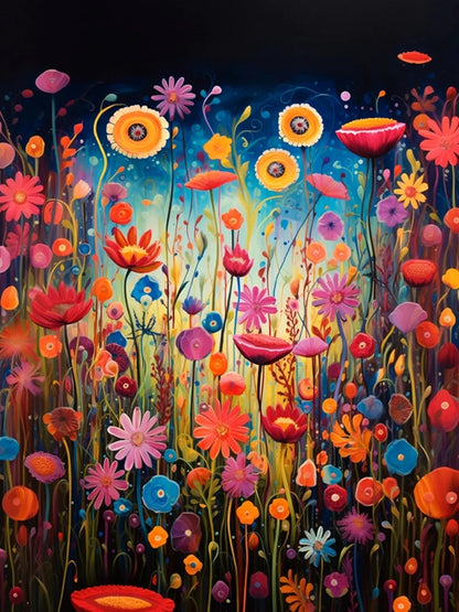 Colorful painting of flowers with a dark background