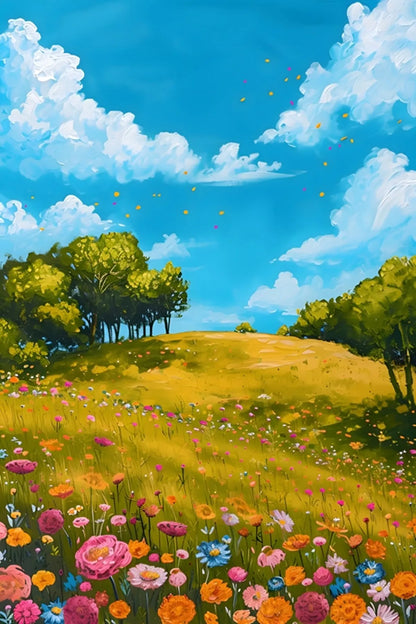 Colorful landscape with a field of flowers, trees, and a blue sky.