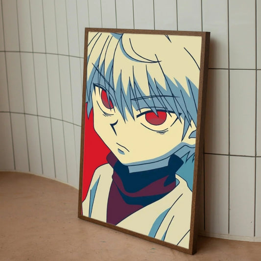 Framed artwork of an anime character with blue hair and red eyes against a tiled wall. Canvas & Curio
