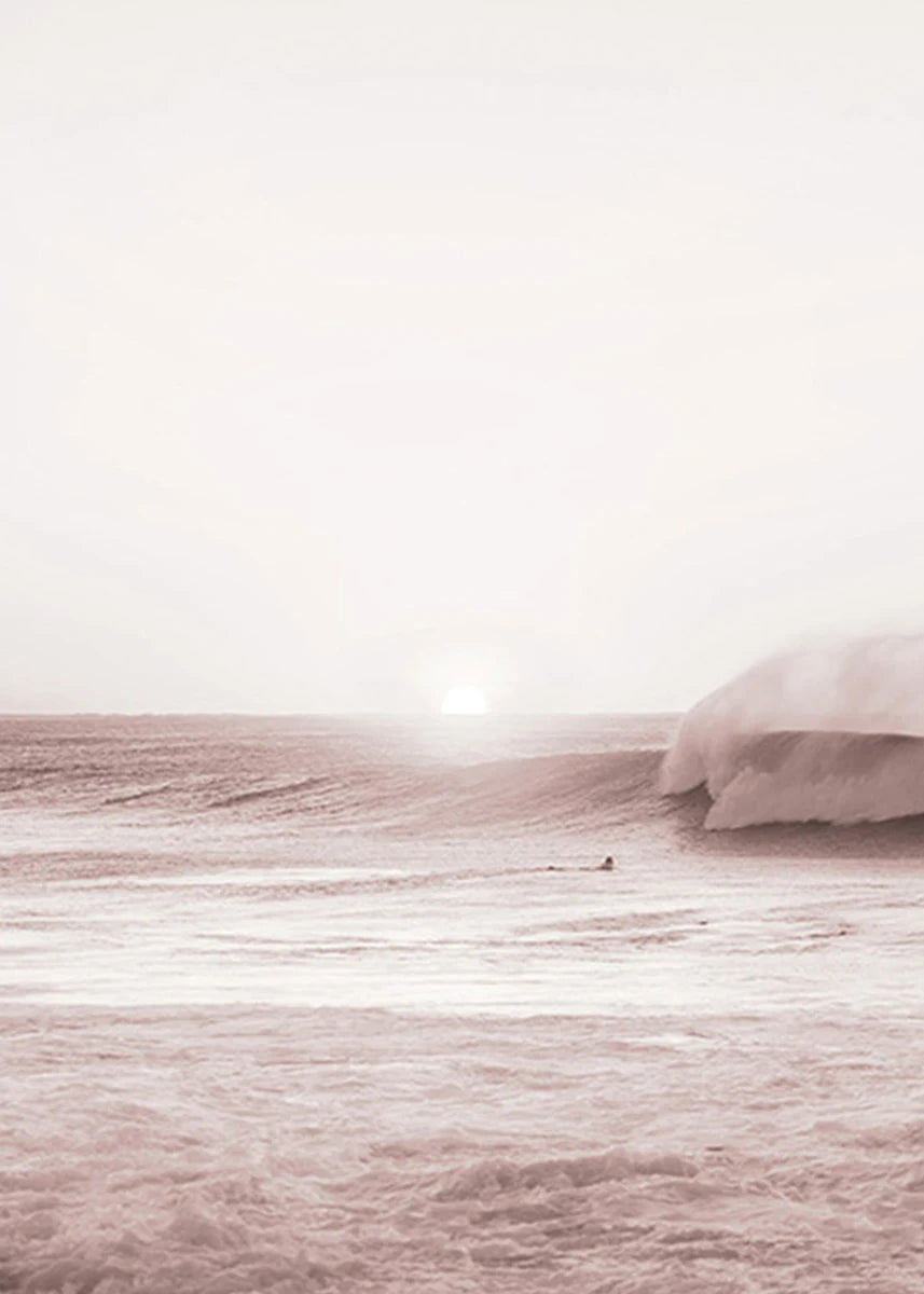 Minimalist landscape with a person standing on a beach under a clear sky.