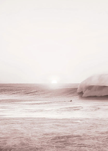 Minimalist landscape with a person standing on a beach under a clear sky.
