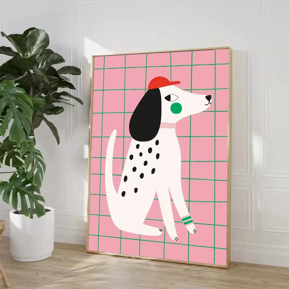 Framed artwork of a cartoon dog with a red cap on a pink grid background, placed indoors.