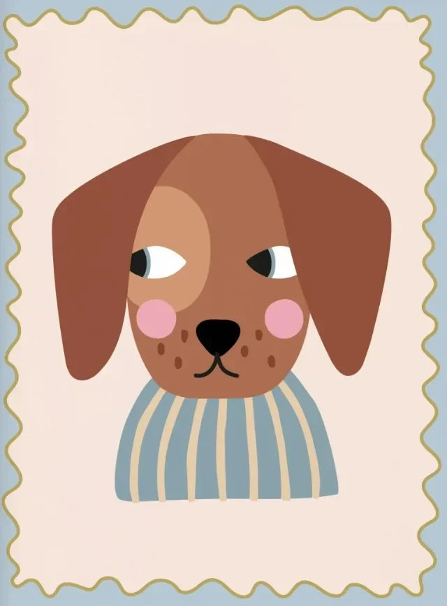 Illustration of a dog wearing a striped sweater on a light blue background