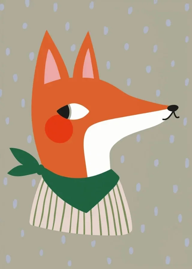 Illustration of a fox wearing a green scarf on a beige background with blue dots.
