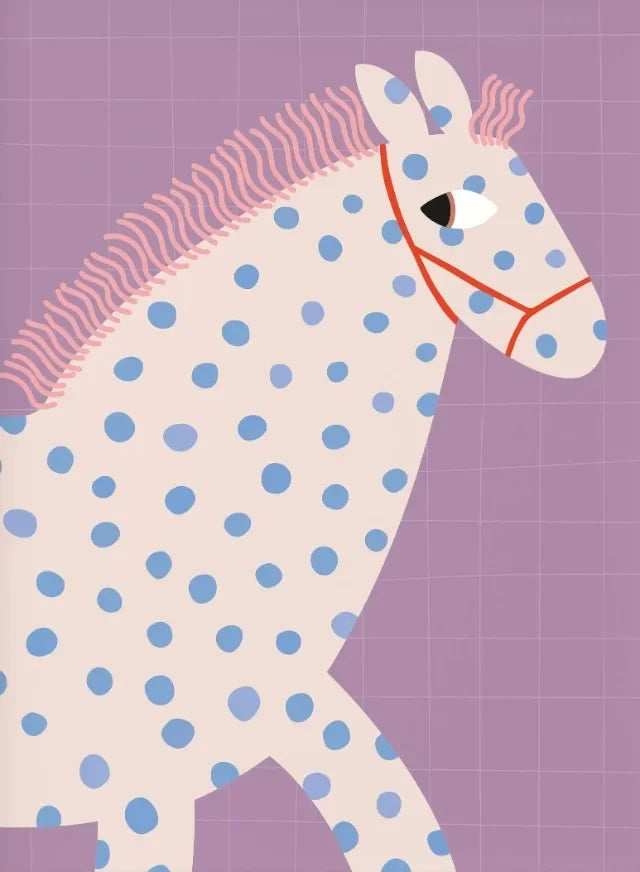 Illustration of a horse with blue polka dots on a purple grid background