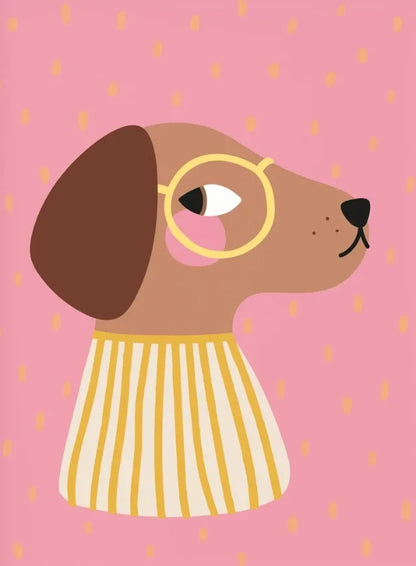 Illustration of a dog wearing glasses and a striped shirt on a pink background with yellow dots.