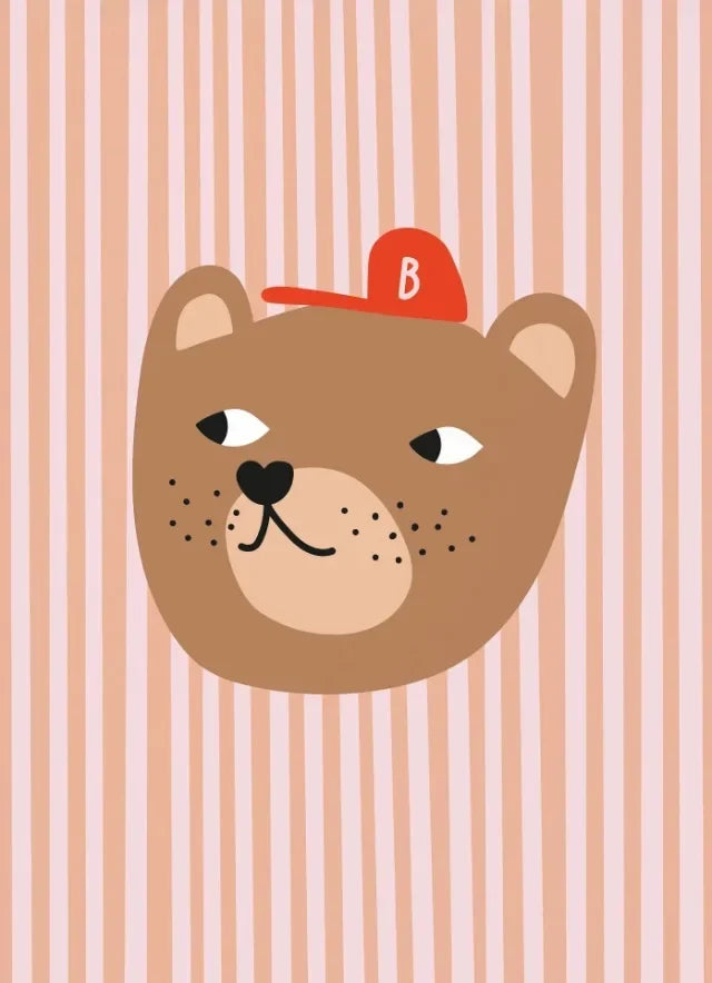 Illustration of a bear face wearing a red cap with a 'B' on a striped background