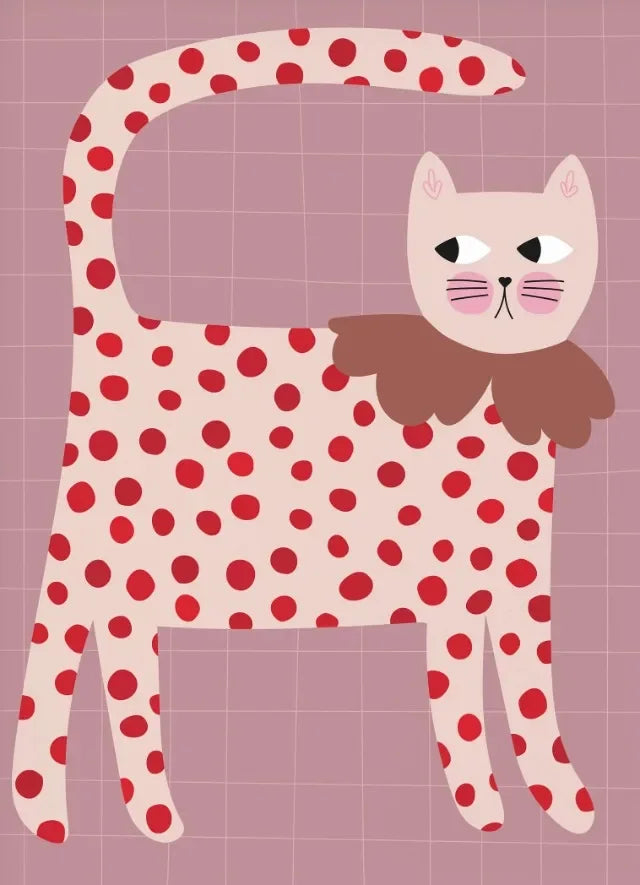Cartoon cat with red polka dot pattern on a grid background