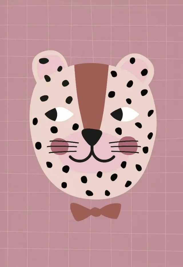 Cartoon leopard face with a bow tie on a pink grid background