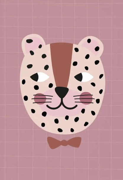 Cartoon leopard face with a bow tie on a pink grid background