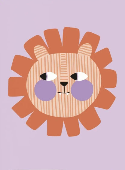 Cartoon lion face with purple eyes on a light purple background