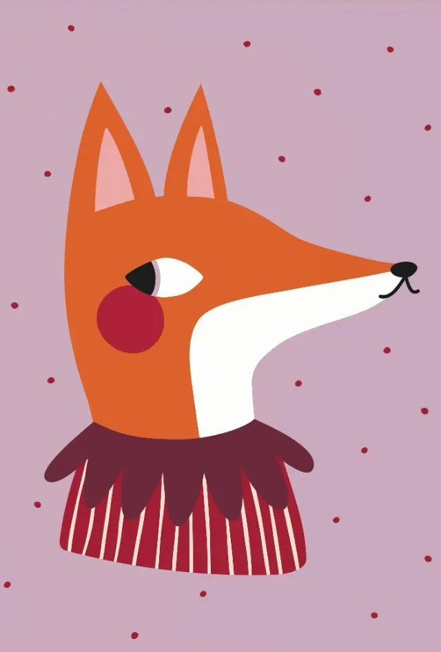Illustration of a fox face on a purple background with red polka dots