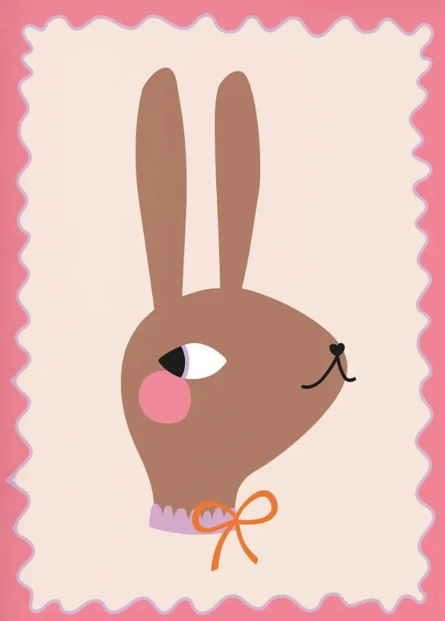 Illustration of a brown bunny with a pink bow on a pink background