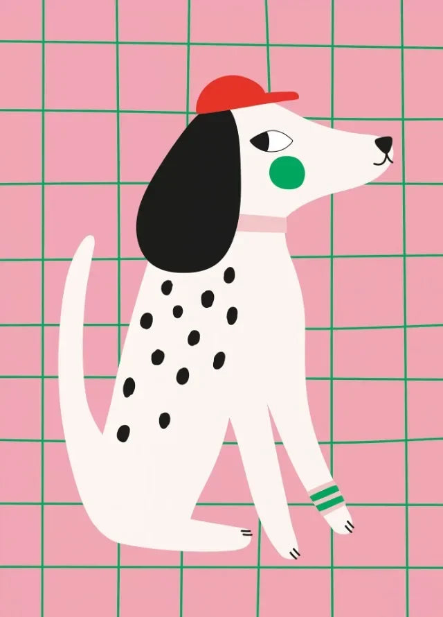 Illustration of a dalmatian dog with a red cap on a pink grid background