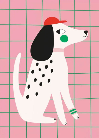 Illustration of a dalmatian dog with a red cap on a pink grid background