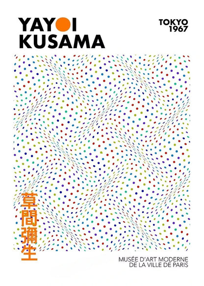 Yayoi Kusama art exhibition poster with colorful dot pattern and text.