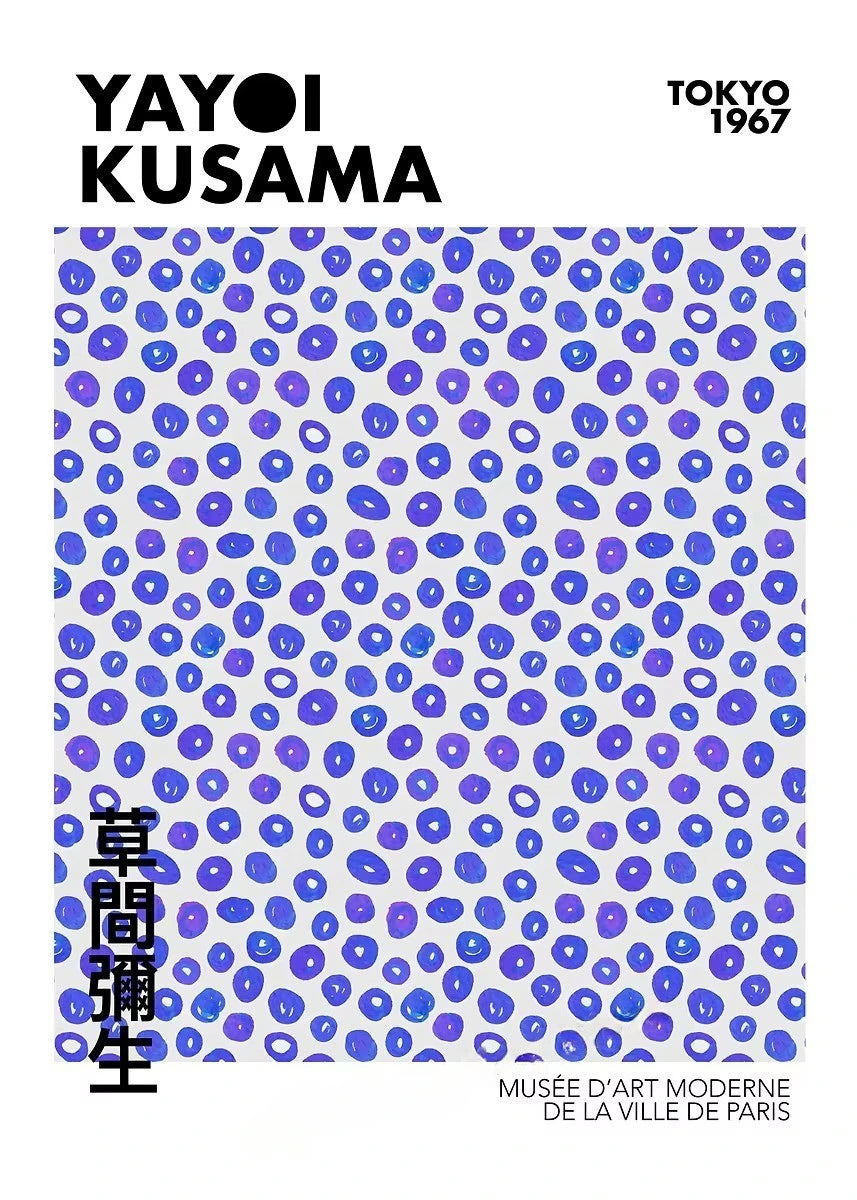 Yayoi Kusama art piece with blue and purple pattern on a white background, featuring text about the Musée d'Art Moderne de la Ville de Paris.