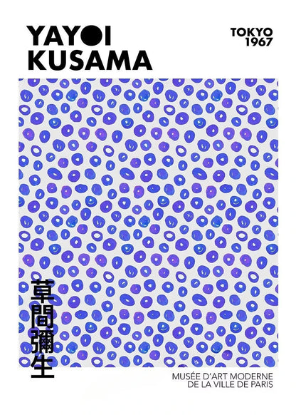 Yayoi Kusama art piece with blue and purple pattern on a white background, featuring text about the Musée d'Art Moderne de la Ville de Paris.