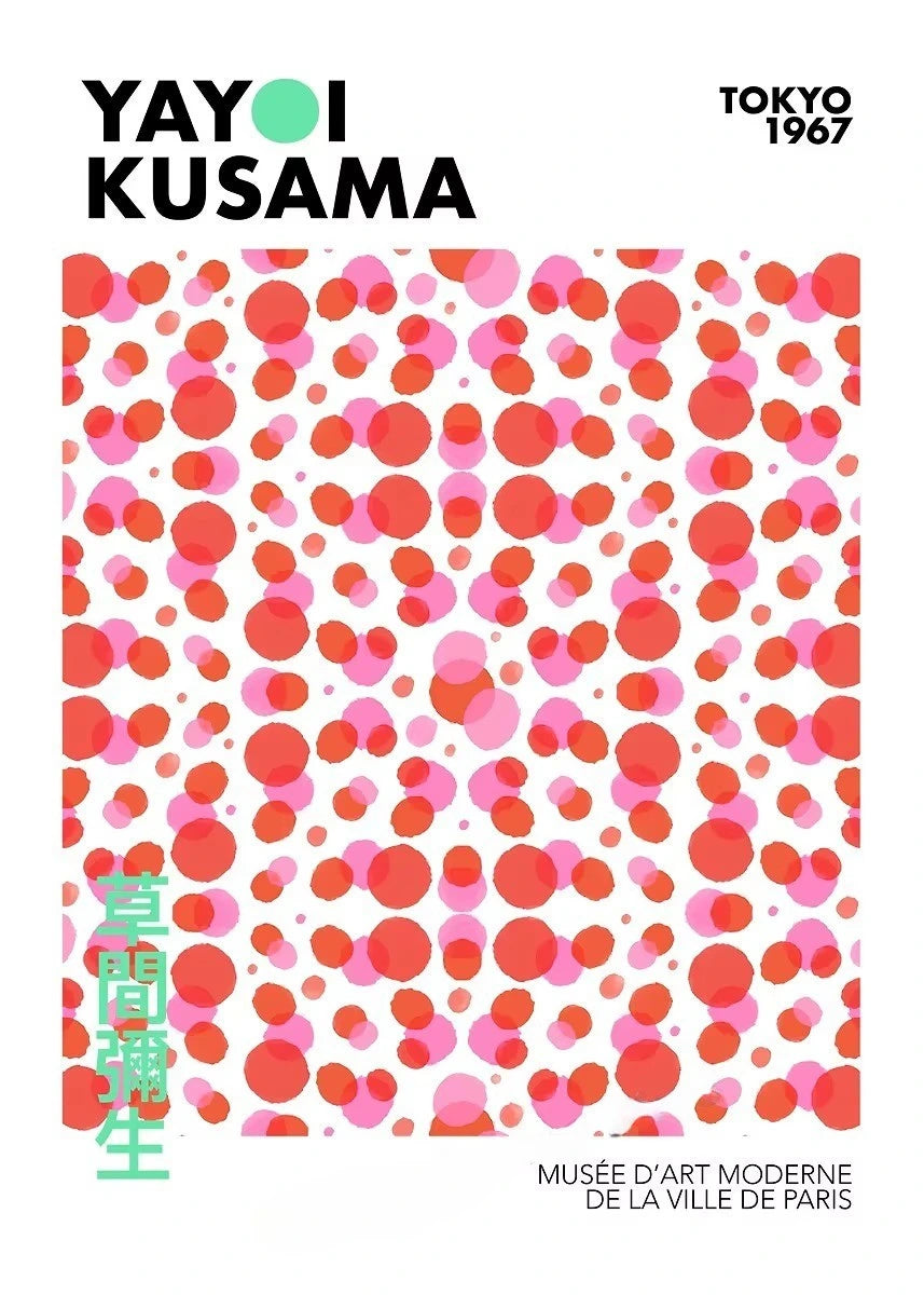 Yayoi Kusama art piece with red and pink polka dots on a white background, featuring text about the artist and location.