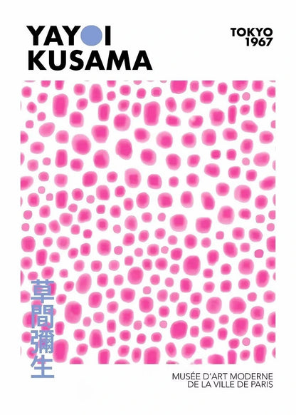 Yayoi Kusama art exhibition poster with pink polka dot pattern and text.