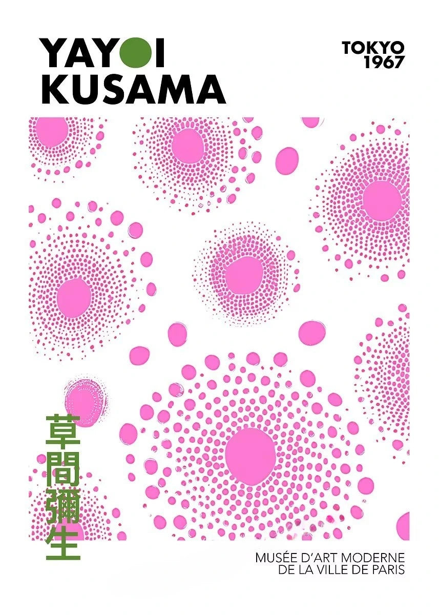 Yayoi Kusama art exhibition poster with pink dot patterns and text.