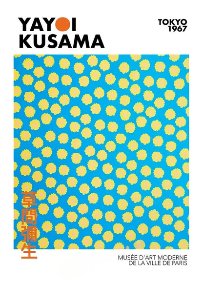 Yayoi Kusama art piece with blue background and yellow dots, featuring text about the artist and location.