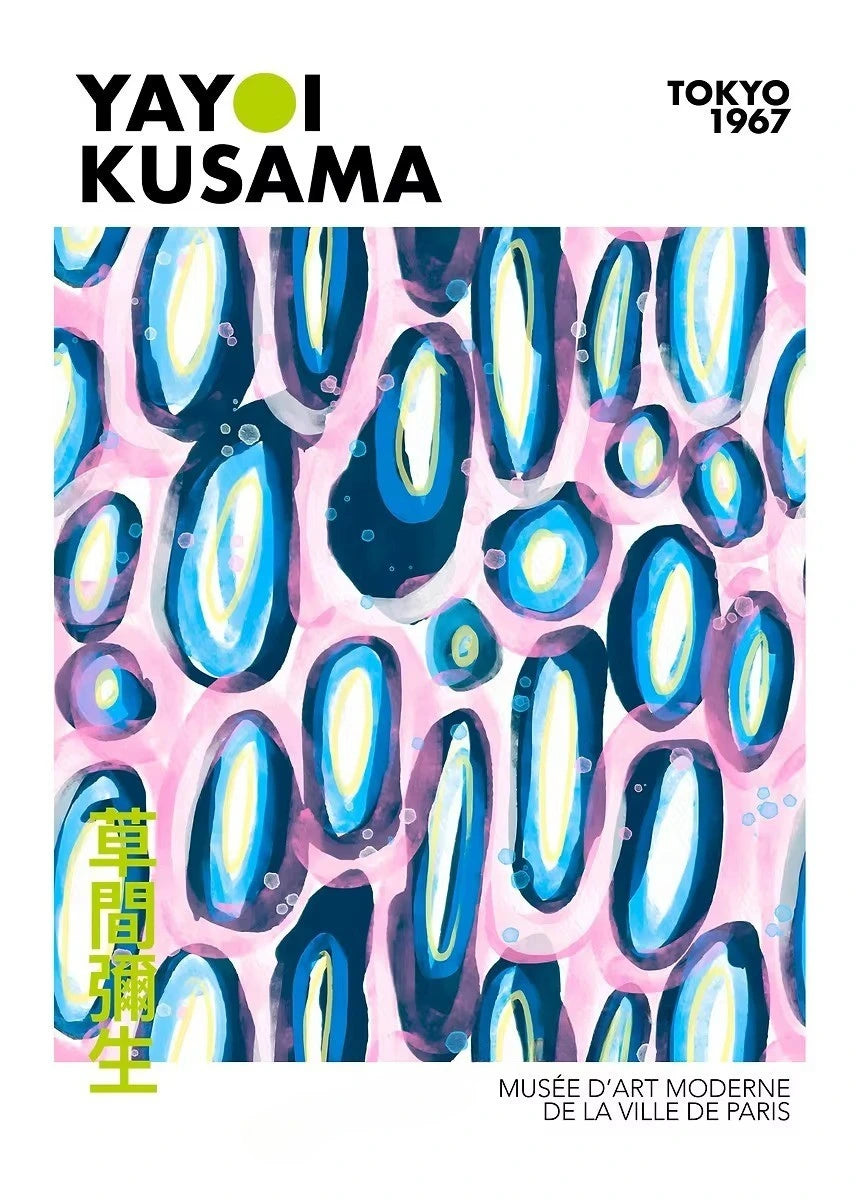 Yayoi Kusama art piece with abstract design and text on a white background