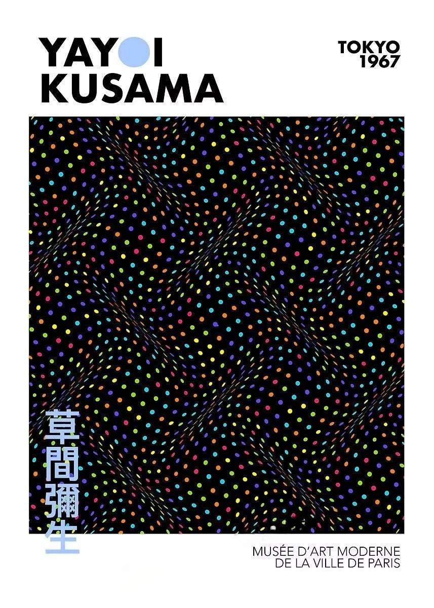 Yayoi Kusama art piece with colorful dots on a black background, featuring text about the Musée d'Art Moderne de la Ville de Paris.