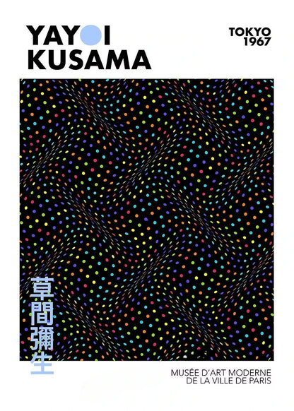 Yayoi Kusama art piece with colorful dots on a black background, featuring text about the Musée d'Art Moderne de la Ville de Paris.