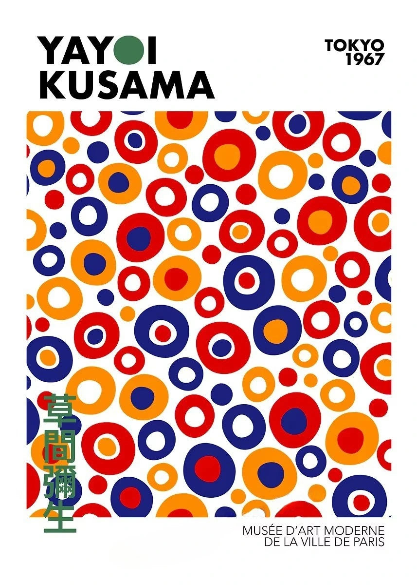 Yayoi Kusama art exhibition poster with colorful circle pattern and text