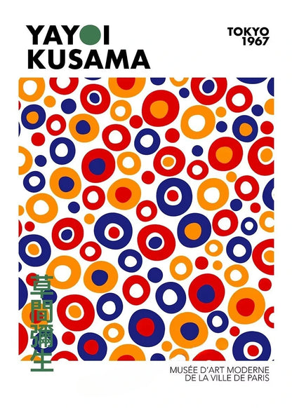 Yayoi Kusama art exhibition poster with colorful circle pattern and text