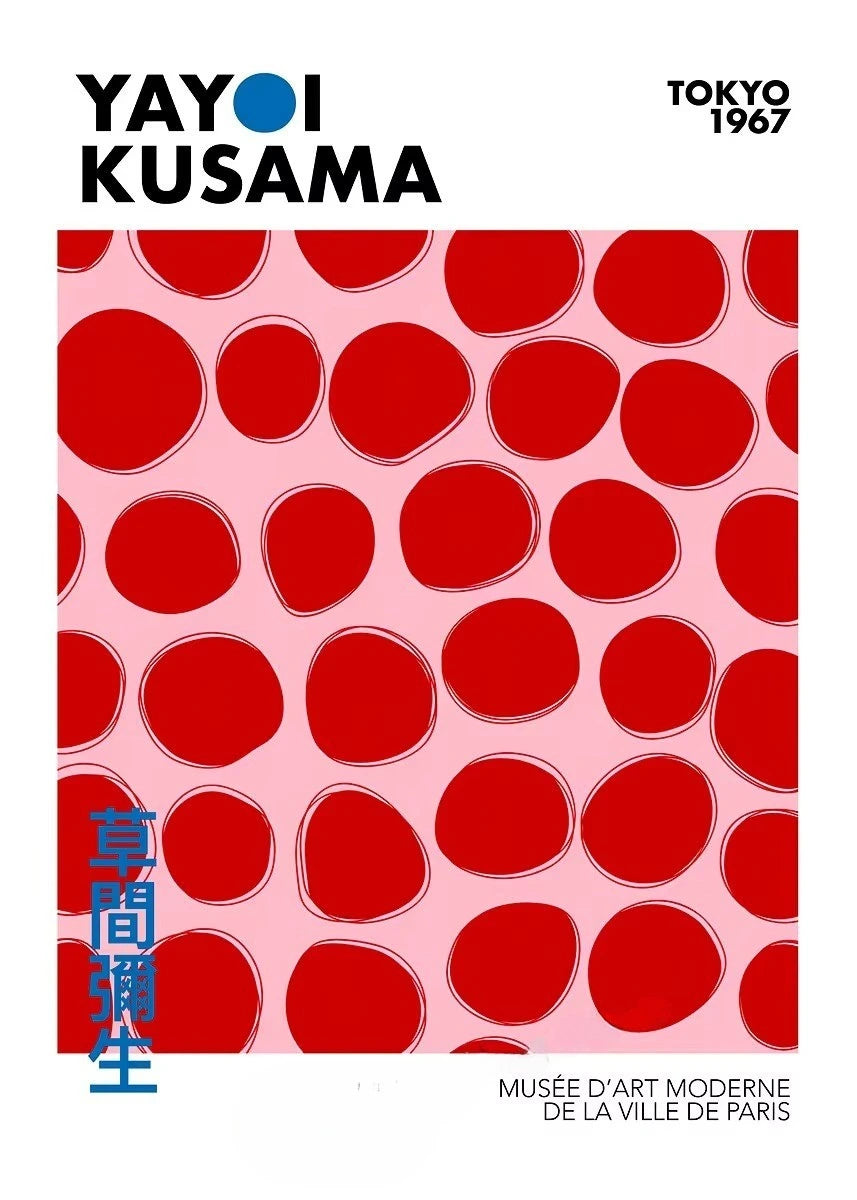 Yayoi Kusama art exhibition poster with red dot pattern and text