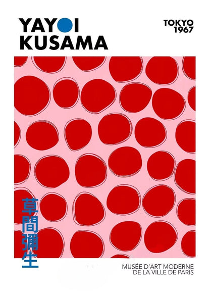 Yayoi Kusama art exhibition poster with red dot pattern and text