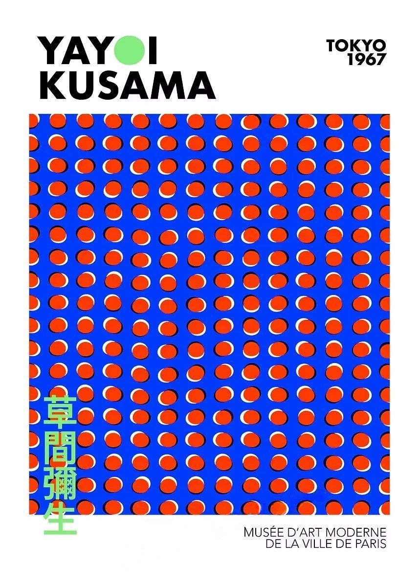 Yayoi Kusama art exhibition poster with blue and orange polka dot pattern