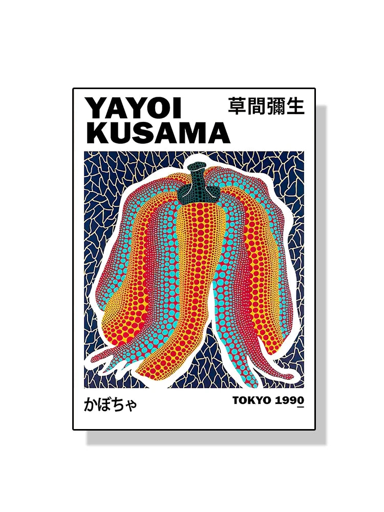 Poster of Yayoi Kusama's artwork with a colorful pumpkin design on a white background
