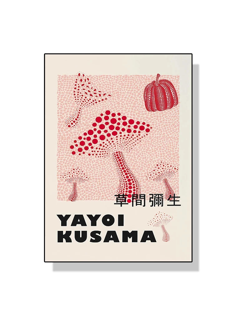 Framed artwork with red abstract designs and 'Yayoi Kusama' text on a beige background