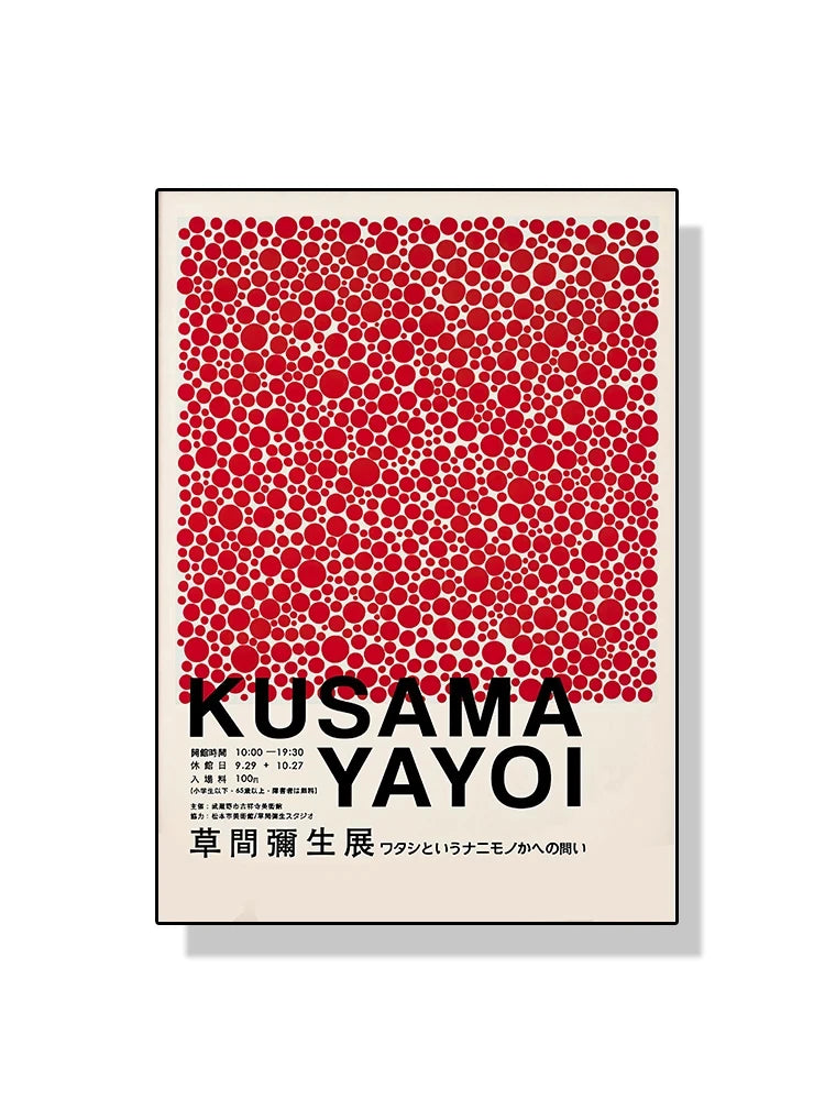 Poster with red dot pattern and text on a beige background