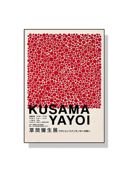 Poster with red dot pattern and text on a beige background