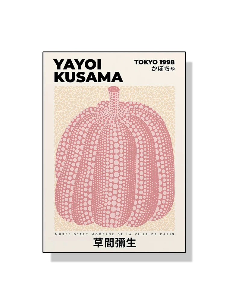 Poster of Yayoi Kusama's artwork with a pink textured pumpkin design on a beige background.